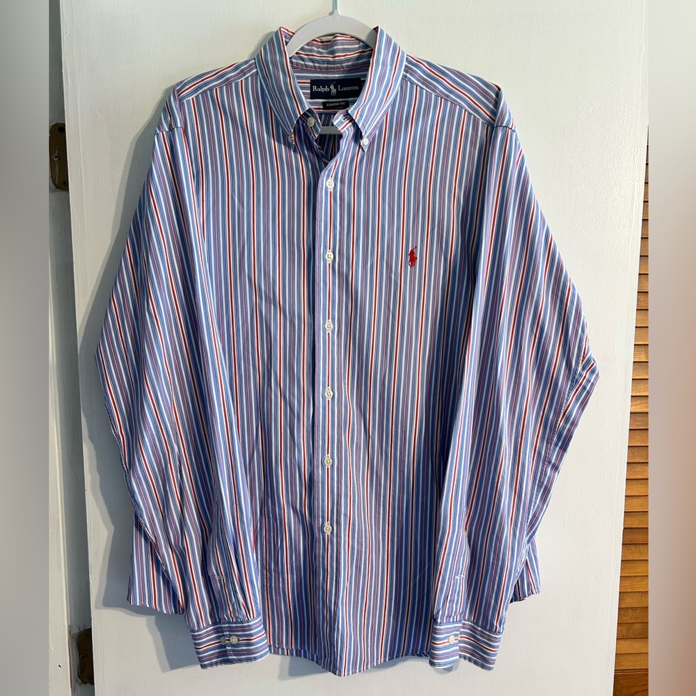 Ralph Lauren Classic Fit blue and red striped button up long sleeve shirt